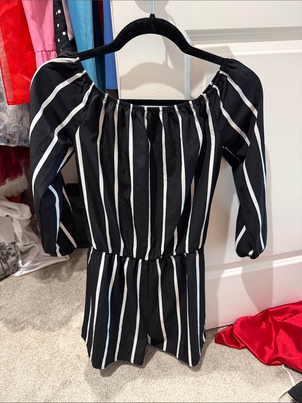 Black and White Striped Off-Shoulder Romper